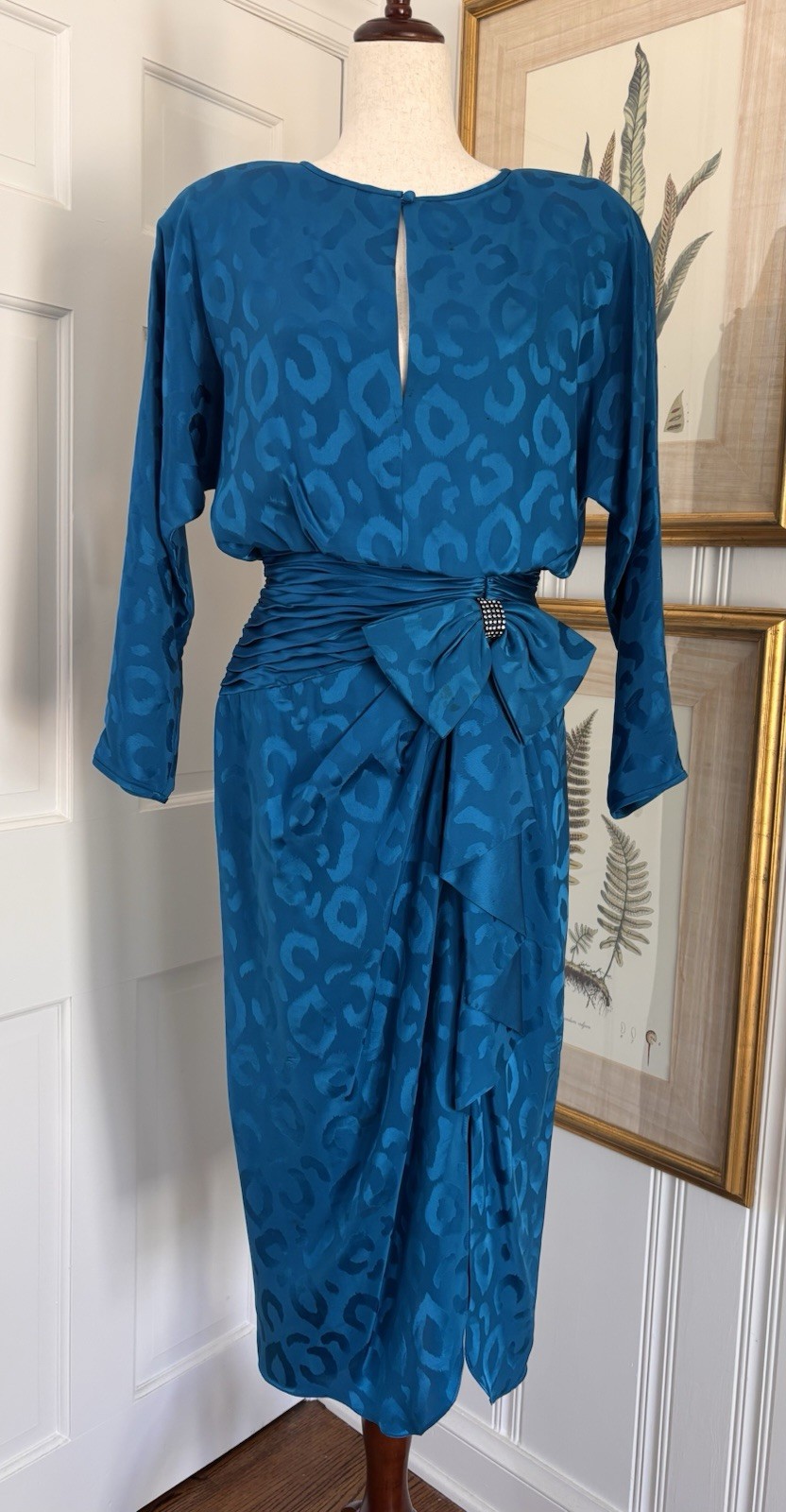 Vintage 1980’s 1990’s A.J. Bari Silk Teal Asymmetrical Ruched Waist Bow Dress 10