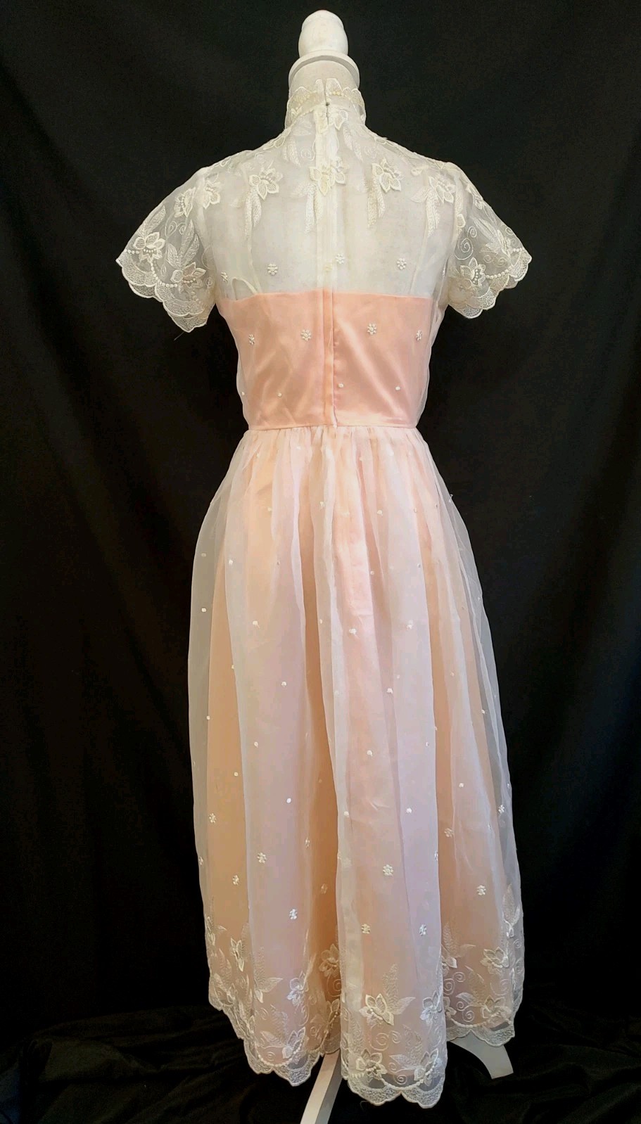 Vintage 80’s does 50’s Dress Peach Satin & White Lace Party Prom Formal Midi S