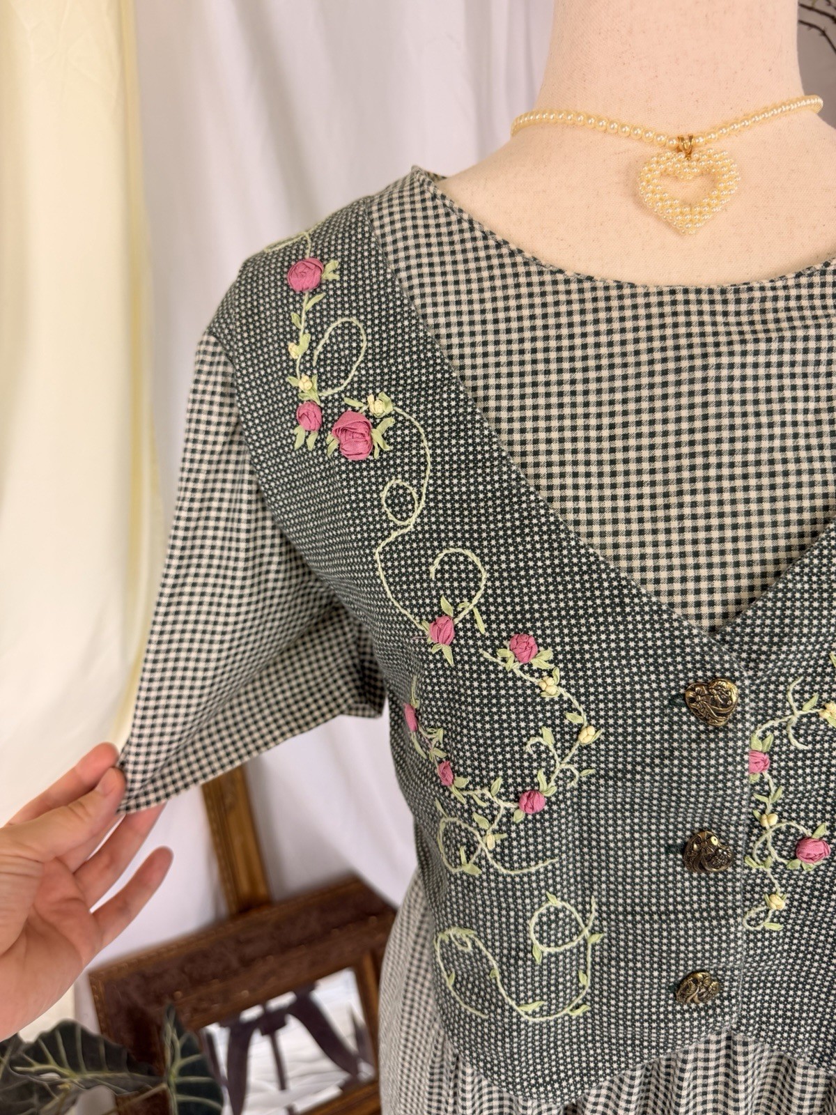 Handmade Vintage 90s Summer Cottage Dress XL with Embroidered Vest Midi Boho
