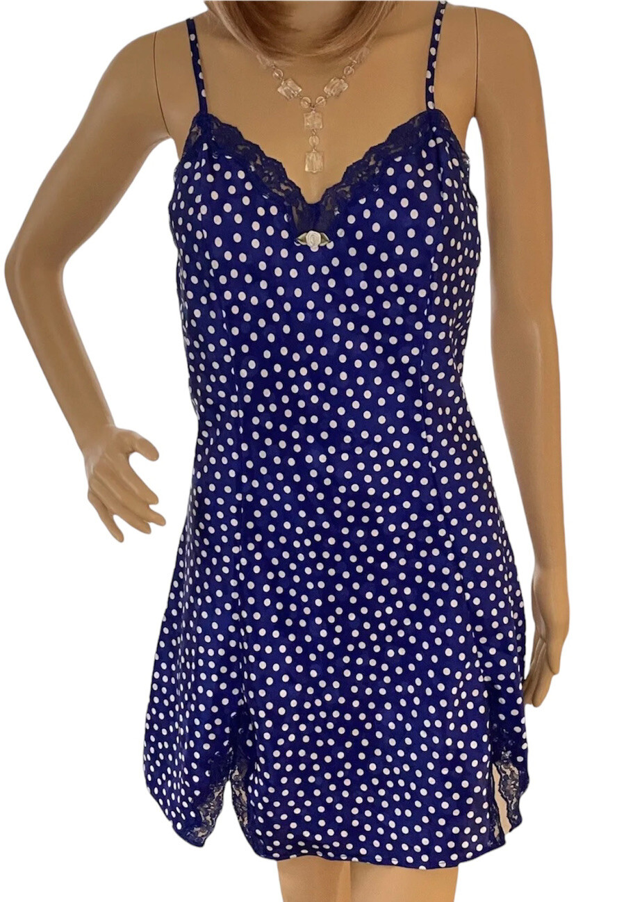 90s VTG Navy Polka Dot Poly Lace Accent MEDIUM Jr Ms Slip Dress Maggie Lawrence