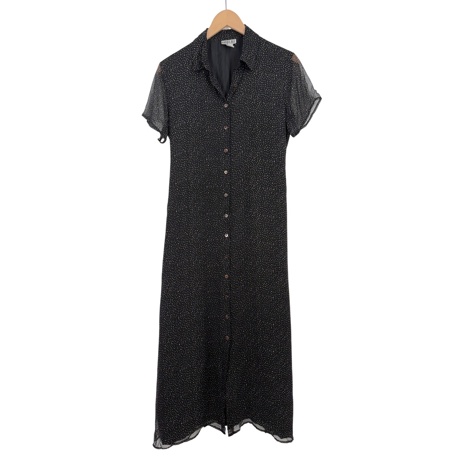 Robbie Bee Vintage 100% Silk Polka Dot Maxi Dress Black Cream Size 6 90s Shirt