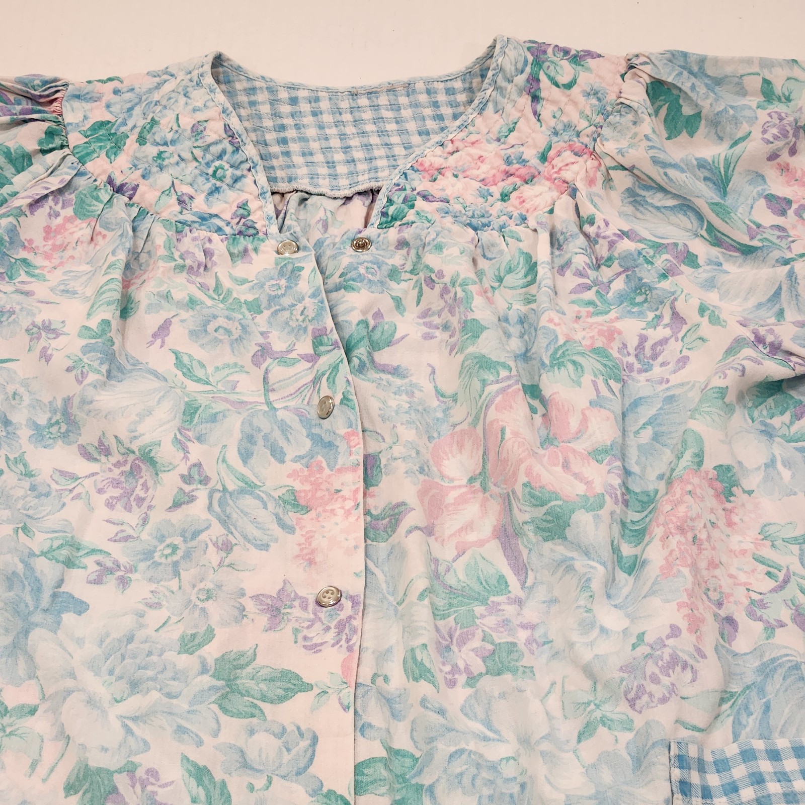 Vintage Mumu House Coat Robe Size L Pearl Snap Button Floral Grandma Granny Core