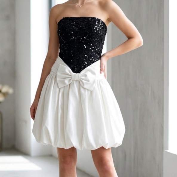 Vtg 80s 90s Strapless Scarlett Sequin Lace Bubble Skirt Prom Dress Big Bow Party