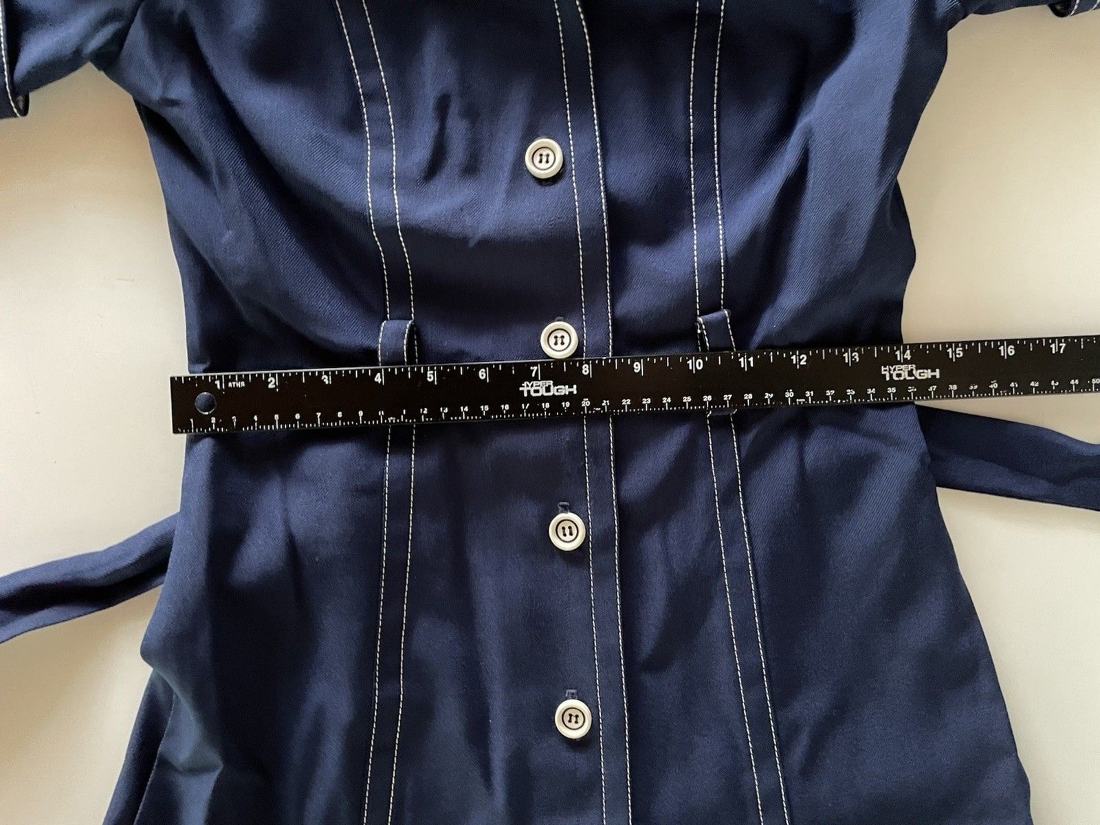 Vintage Leslie Fay Navy Blue Dress with White Stitching and Matching Belt