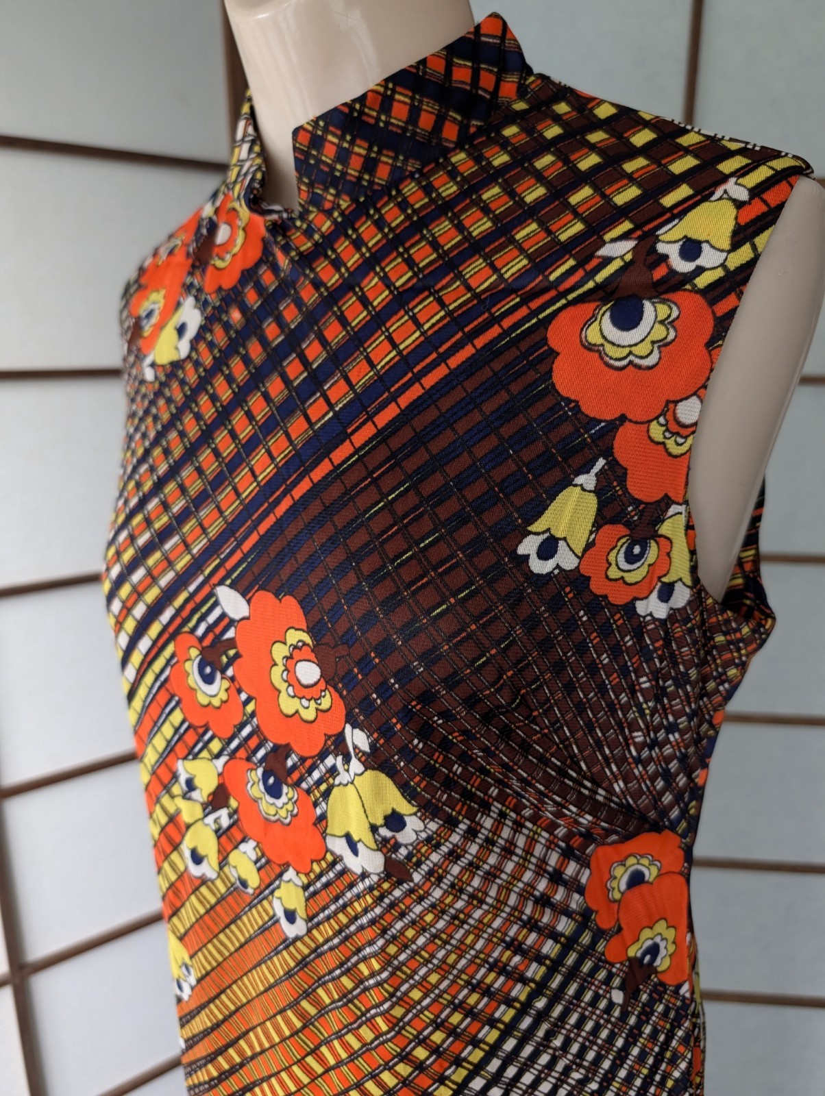 Vintage 1960s Mandarin Collar Maxi Dress Bright Psychedelic Day Glo Hippie S/M