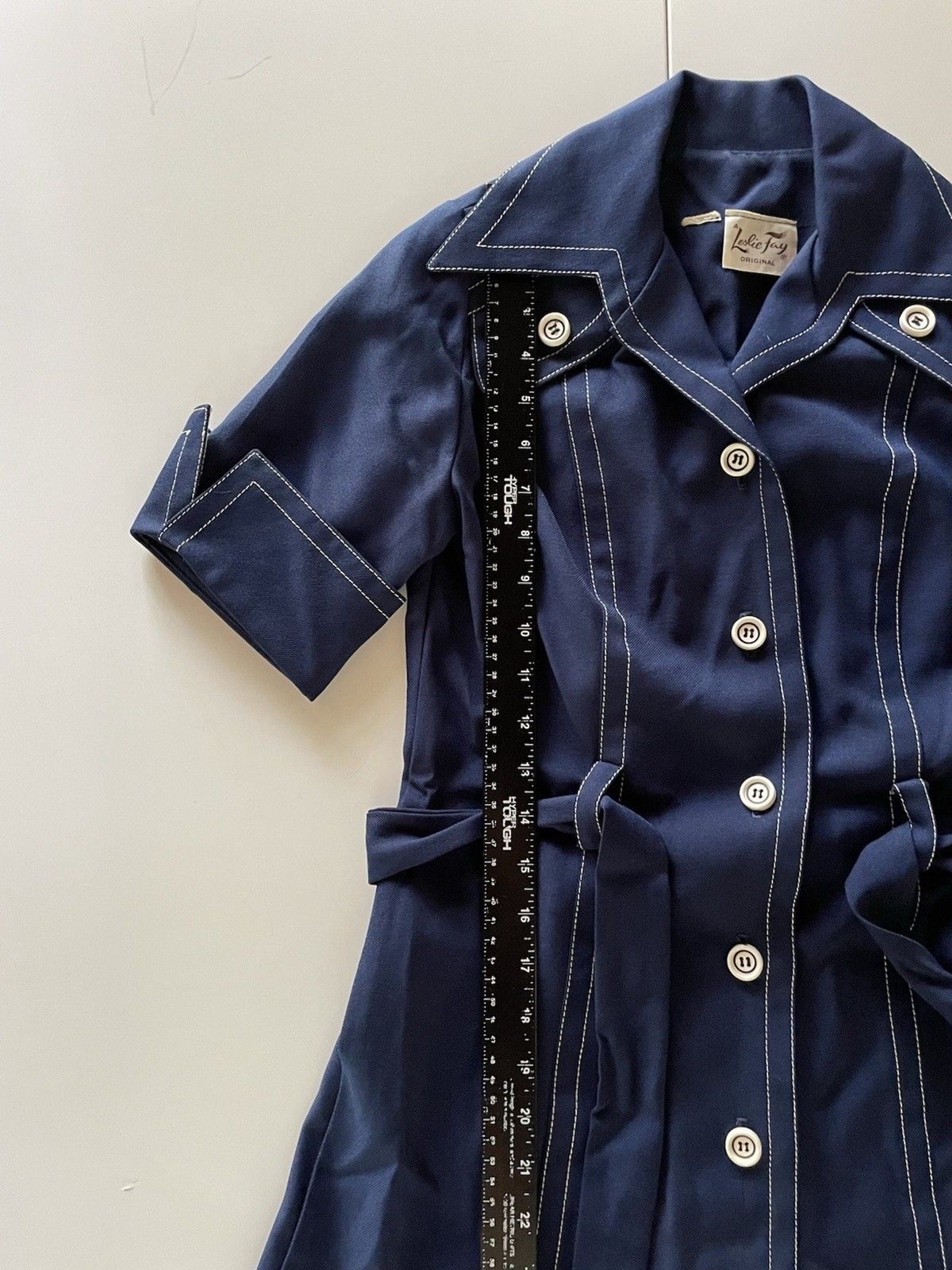 Vintage Leslie Fay Navy Blue Dress with White Stitching and Matching Belt