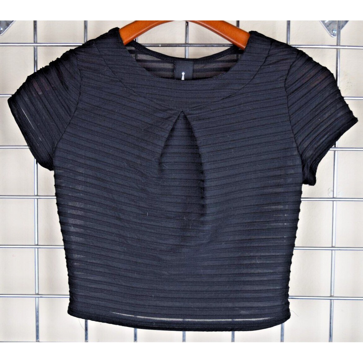 VTG Fitted Top Privately Privileged S/M 80s Black Simi Sheer Textured Cap Sleeve