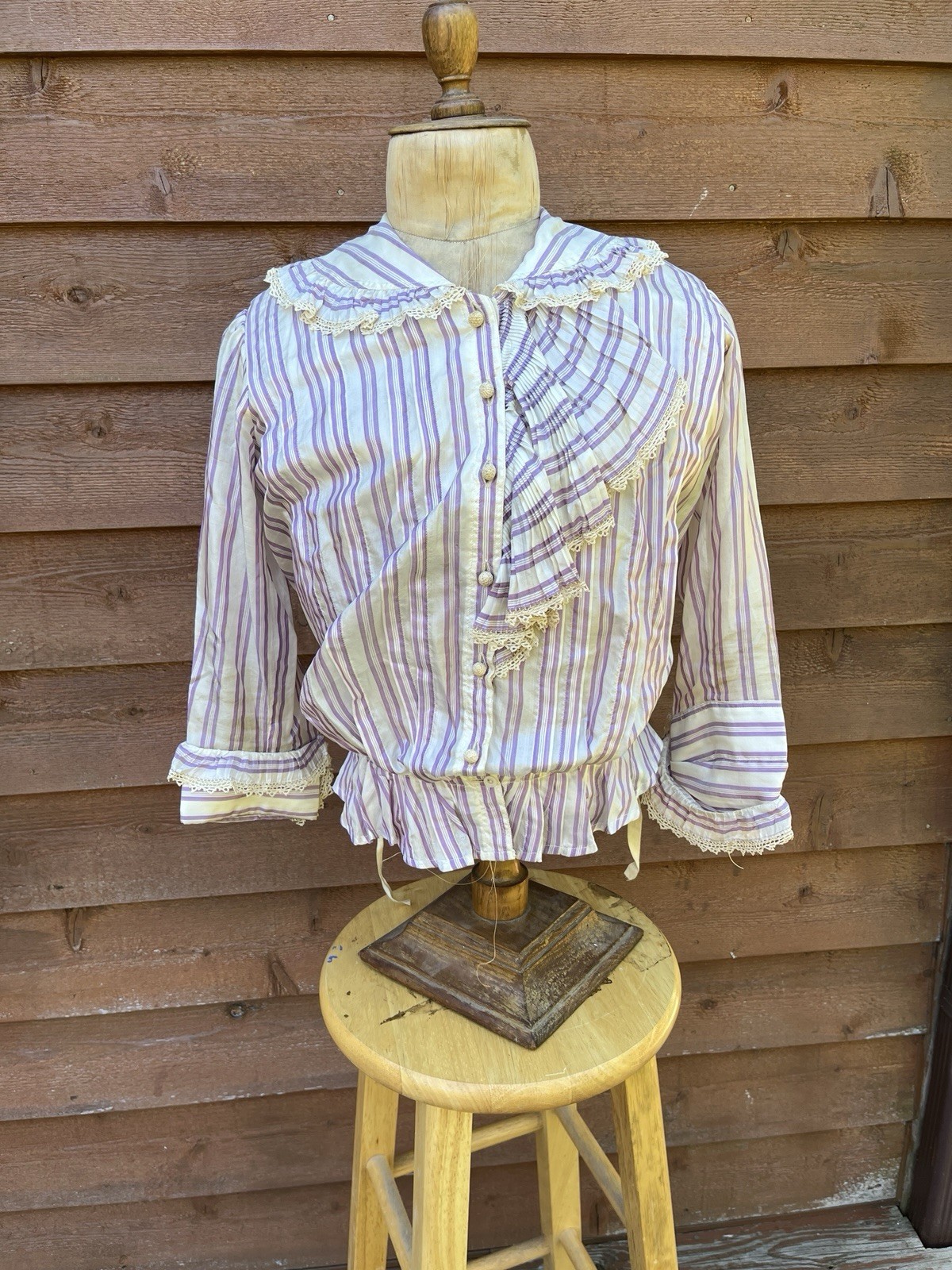Victorian Ladies Silk Blouse, Purple/White Stripe, Lace Trim