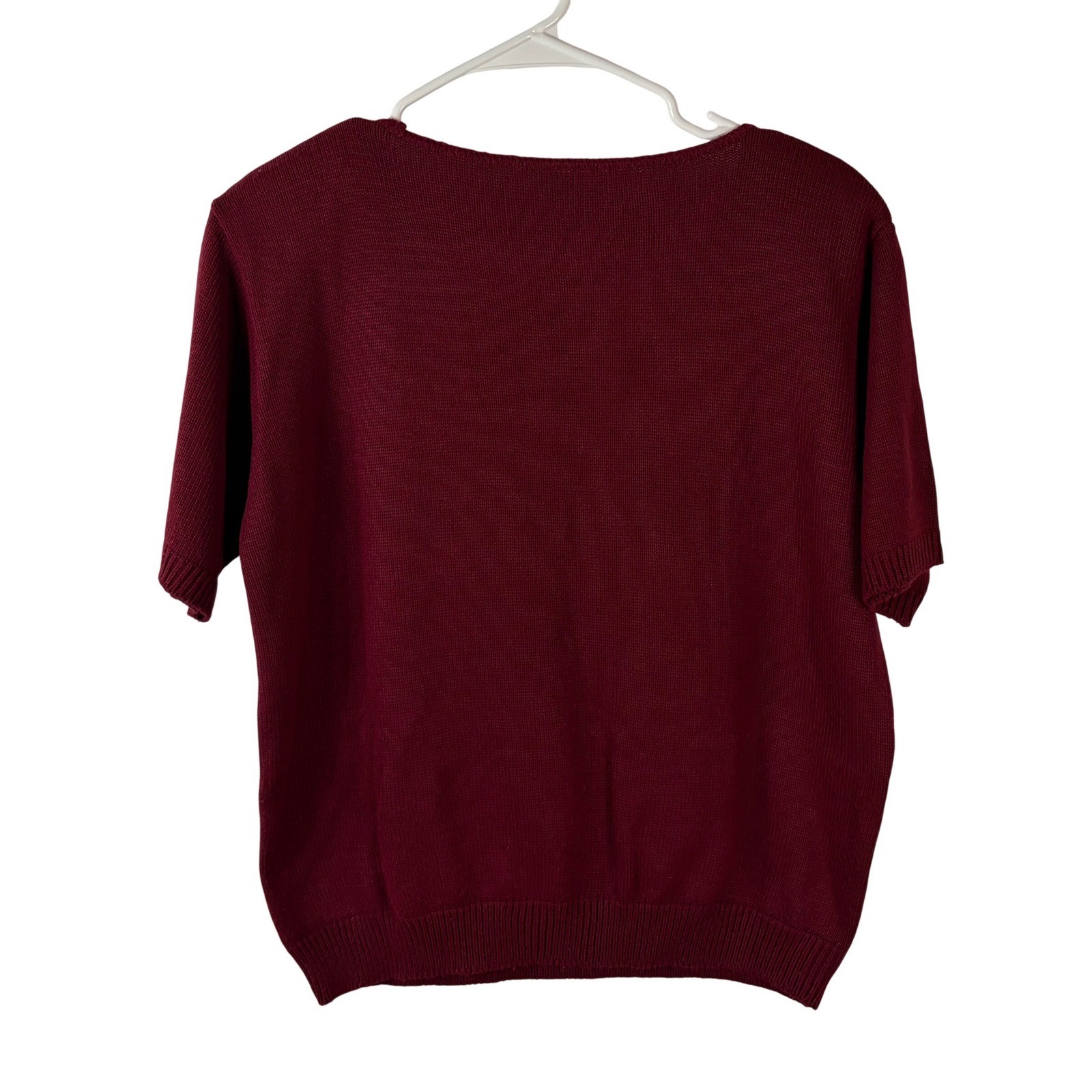 Burgundy Knit Floral Hem Sweater White Crochet Lace Collar Short Sleeve Top