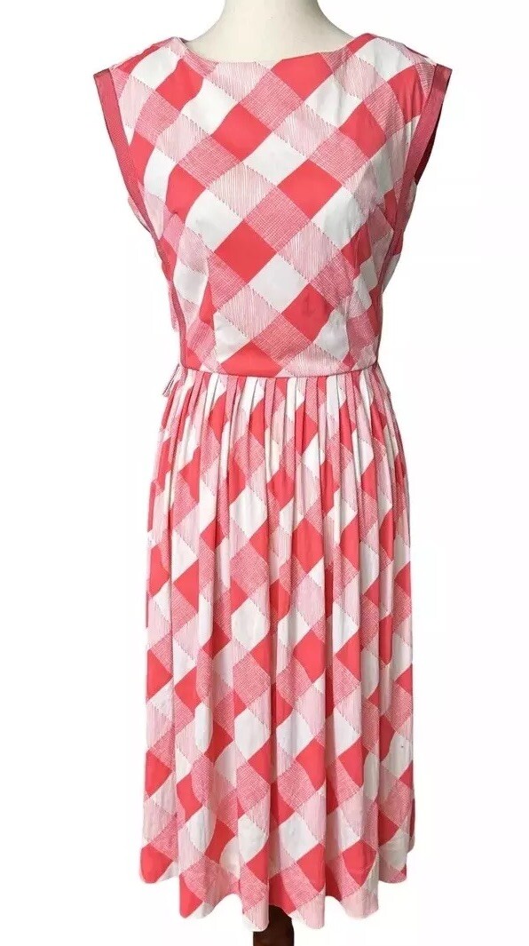 Vtg 60s Cay Artley Women S Dress Pink Diagonal Stripe On White Ribbon Trim Flaws