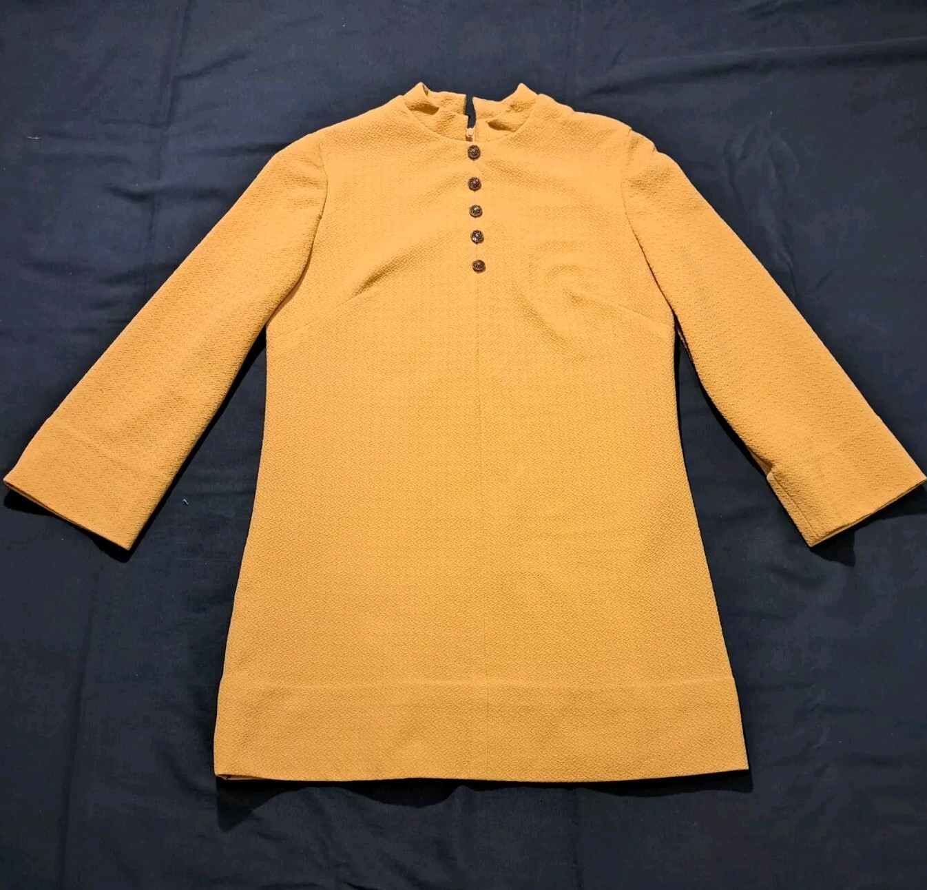 Custom Made Long Sleeve Stand Collar Mini Dress Tunic Retro Mustard Crimplen