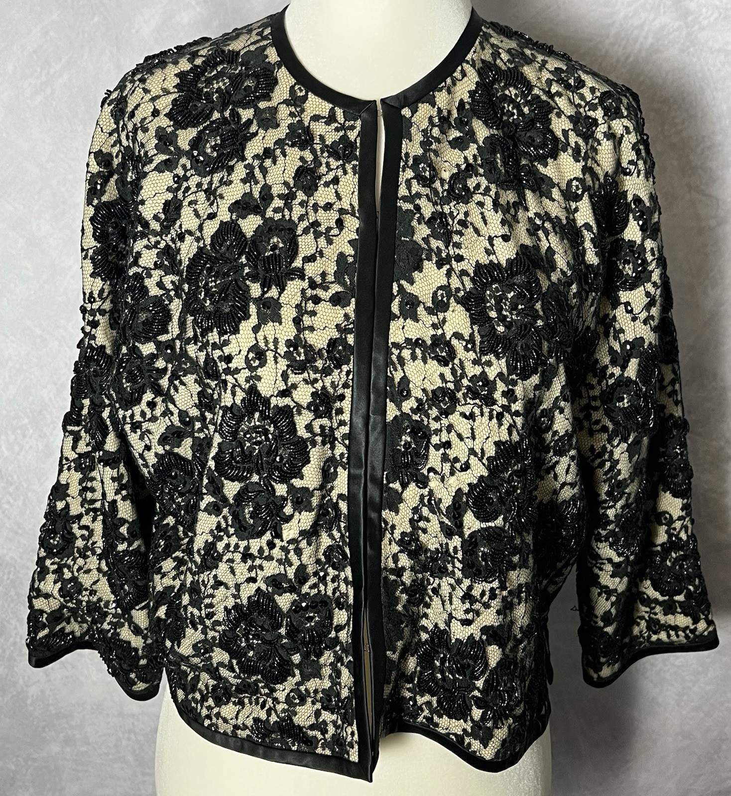 Vintage 1960s Dora Wong Black Ivory Beaded Embroidered Cardigan Jacket Hong Kong