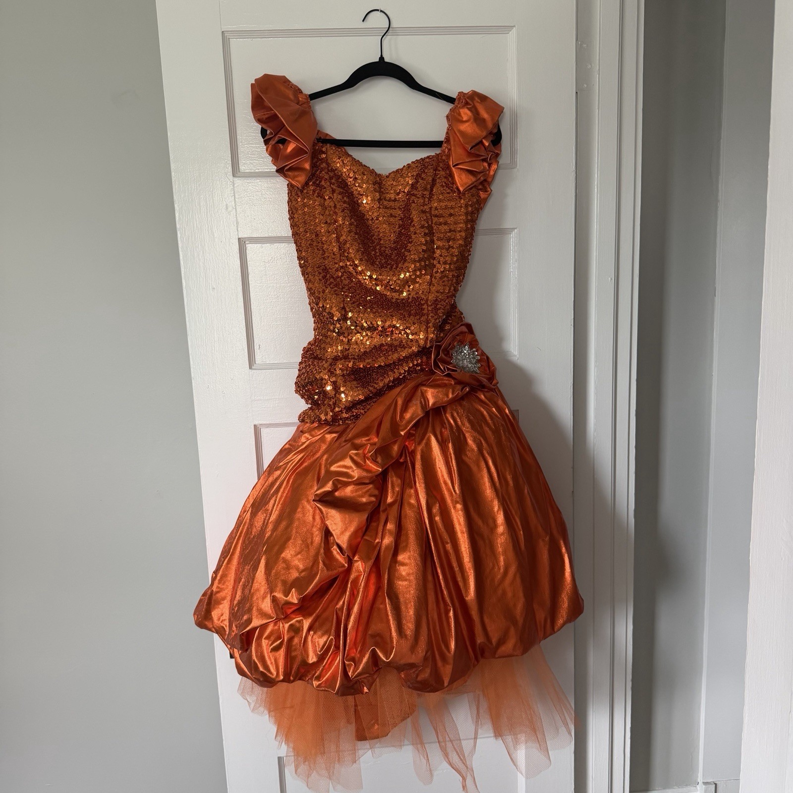 80s Prom Pumpkin Queen Halloween Gown Orange Sequin Bubble Dress One of a Kind