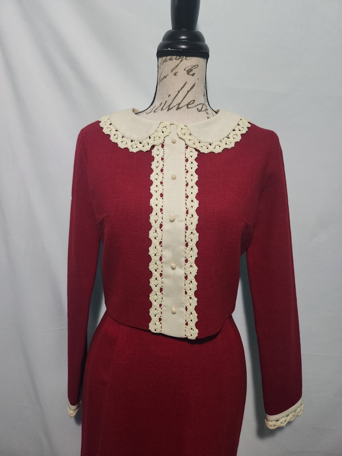 Vintage 60s Gay Gibson Wool Blend Dress & Jacket W Lace Trim. Size 13.