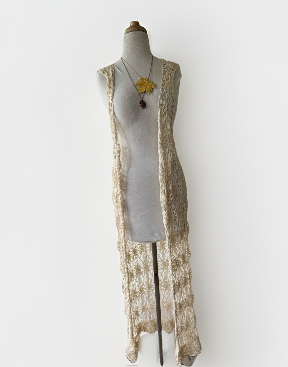 Vtg Krochetta Ivory Long Crochet Duster Vest Sz L Boho Festi 90s Y2k