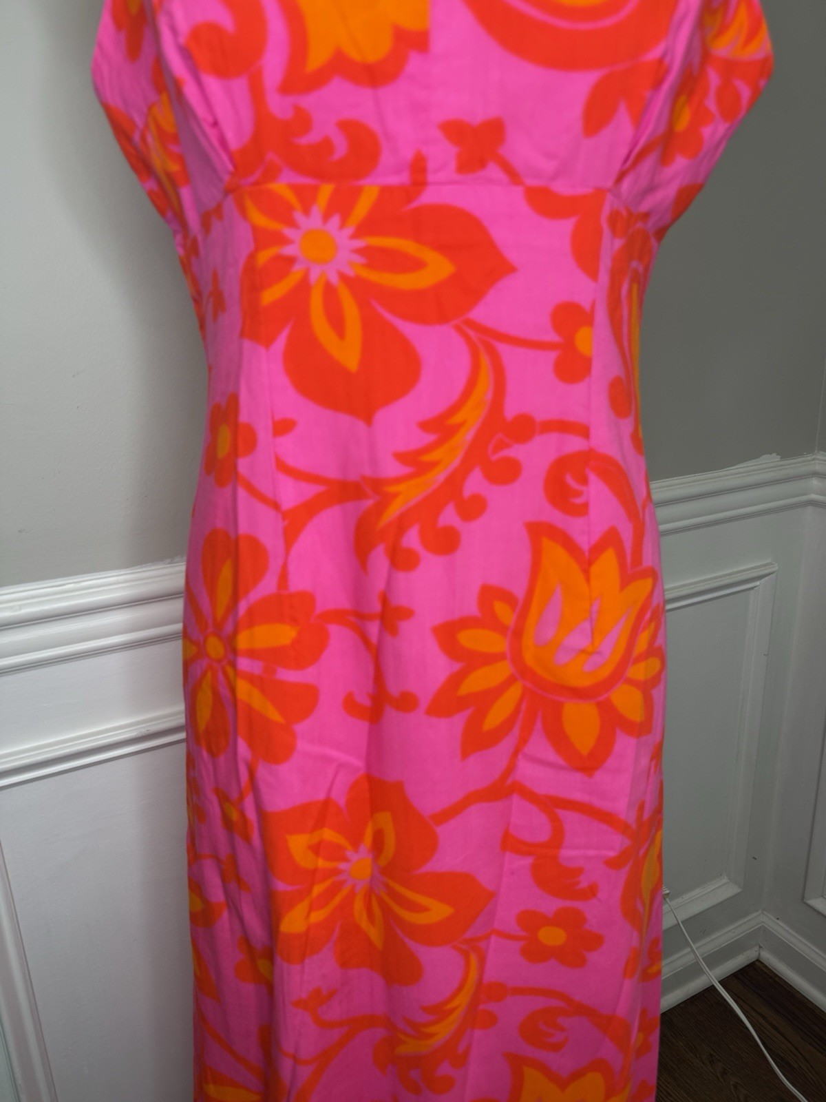 Vintage 4 60s 70s Hawaii M Psychedelic Floral Print maxi Dress Bright Pink N