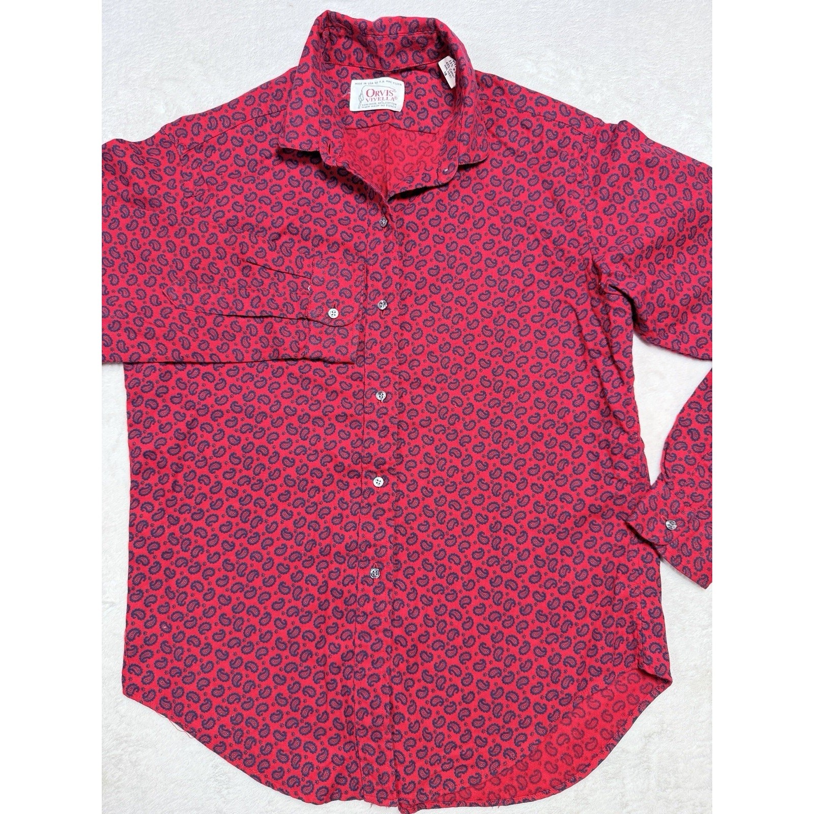Orvis VTG Viyella Red Paisley Wool Cotton Sz 18 Button Down Shirt Made in USA