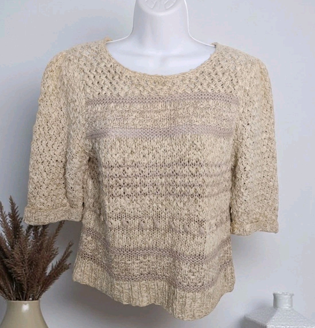 Vintage 80s Evan Picone Linen Silk Blend Hand Knit Sweater Size S Bobbles Beige