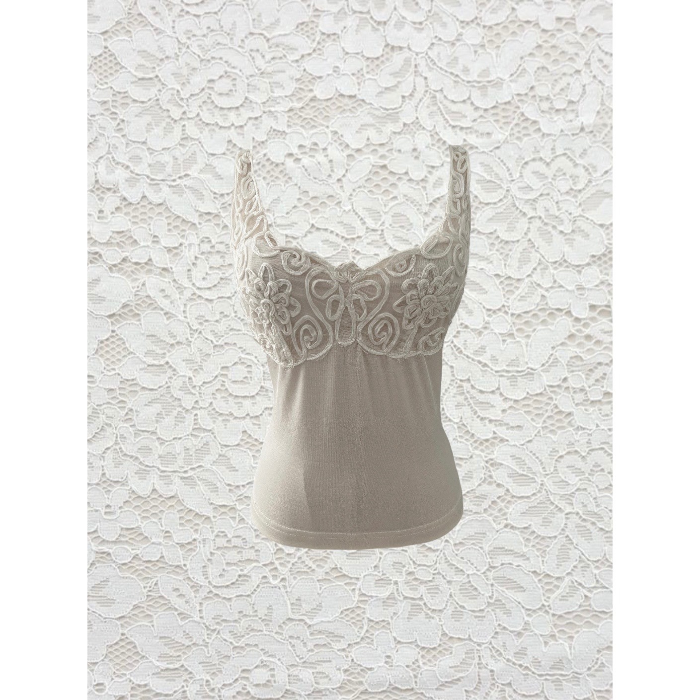 vintage cream baydoll style textured tank top with floral details