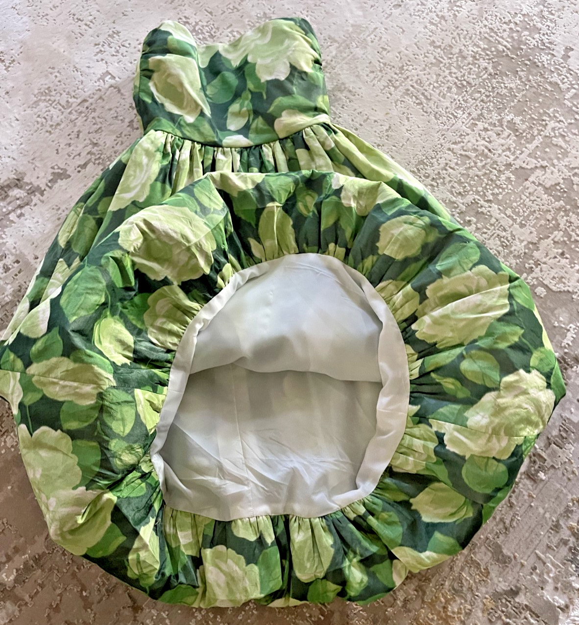 Women’s RARE Vtg 1960’s SARA FREDERICK’S GREEN FLORAL STRAPLESS Bubble Dress XS