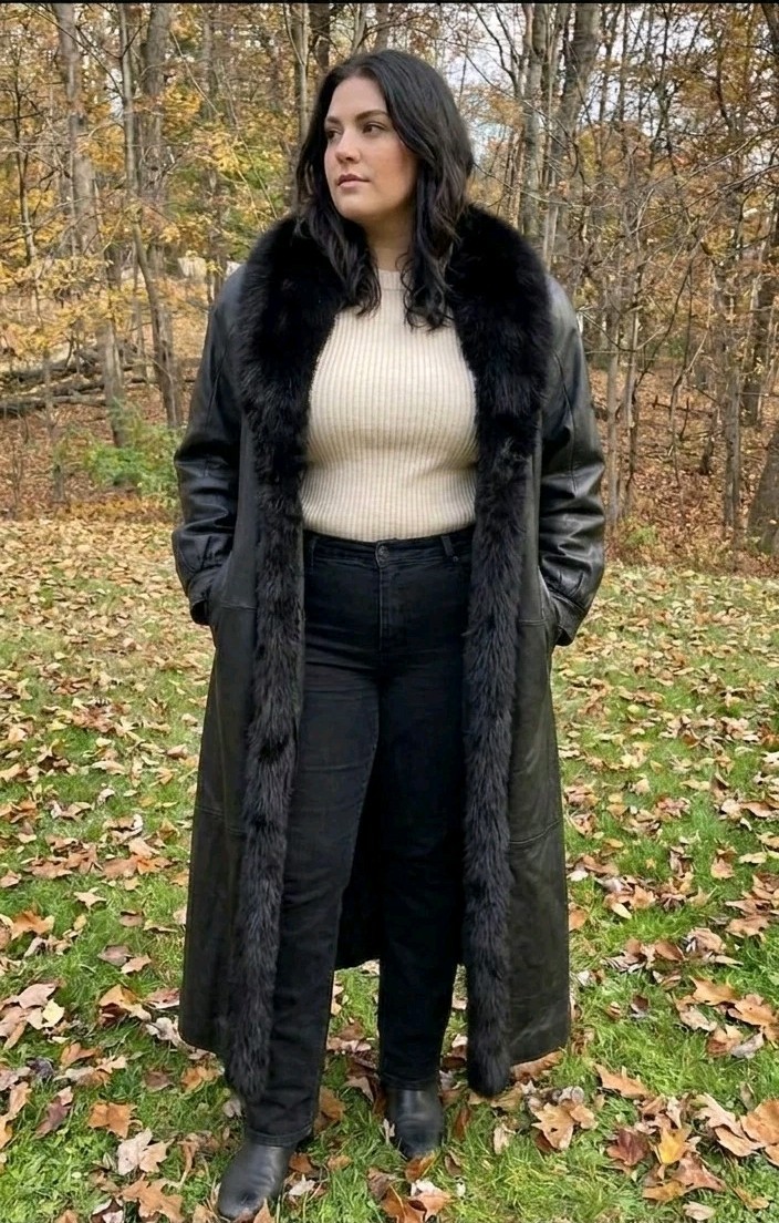 Vtg E Wear Black Long Lambskin Leather Coat With Fox Fur SZ 2X Plus Size Mob
