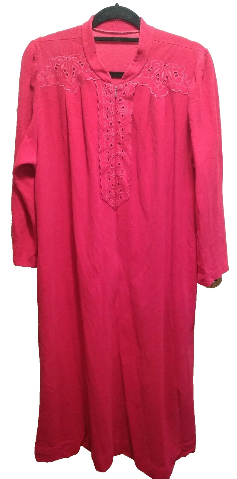 VTG 70’s Velvet Robe Kaftan Lounge House Dress Red Long Sleeve Maxi Zip L? 53″L