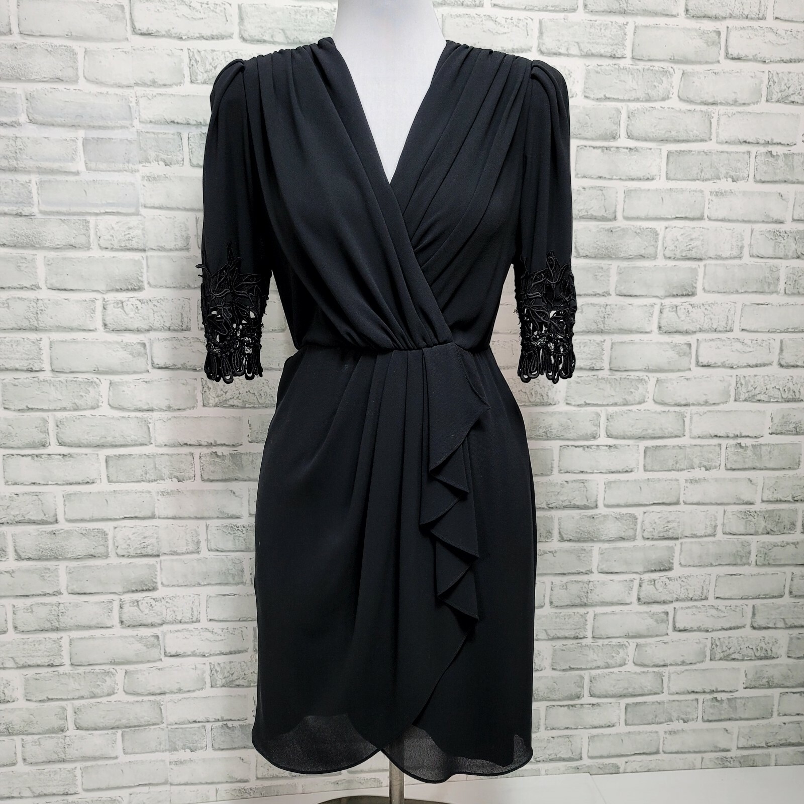 Vintage 80s 90s Ursula of Switzerland Black Surplice Faux Wrap Sheath Dress