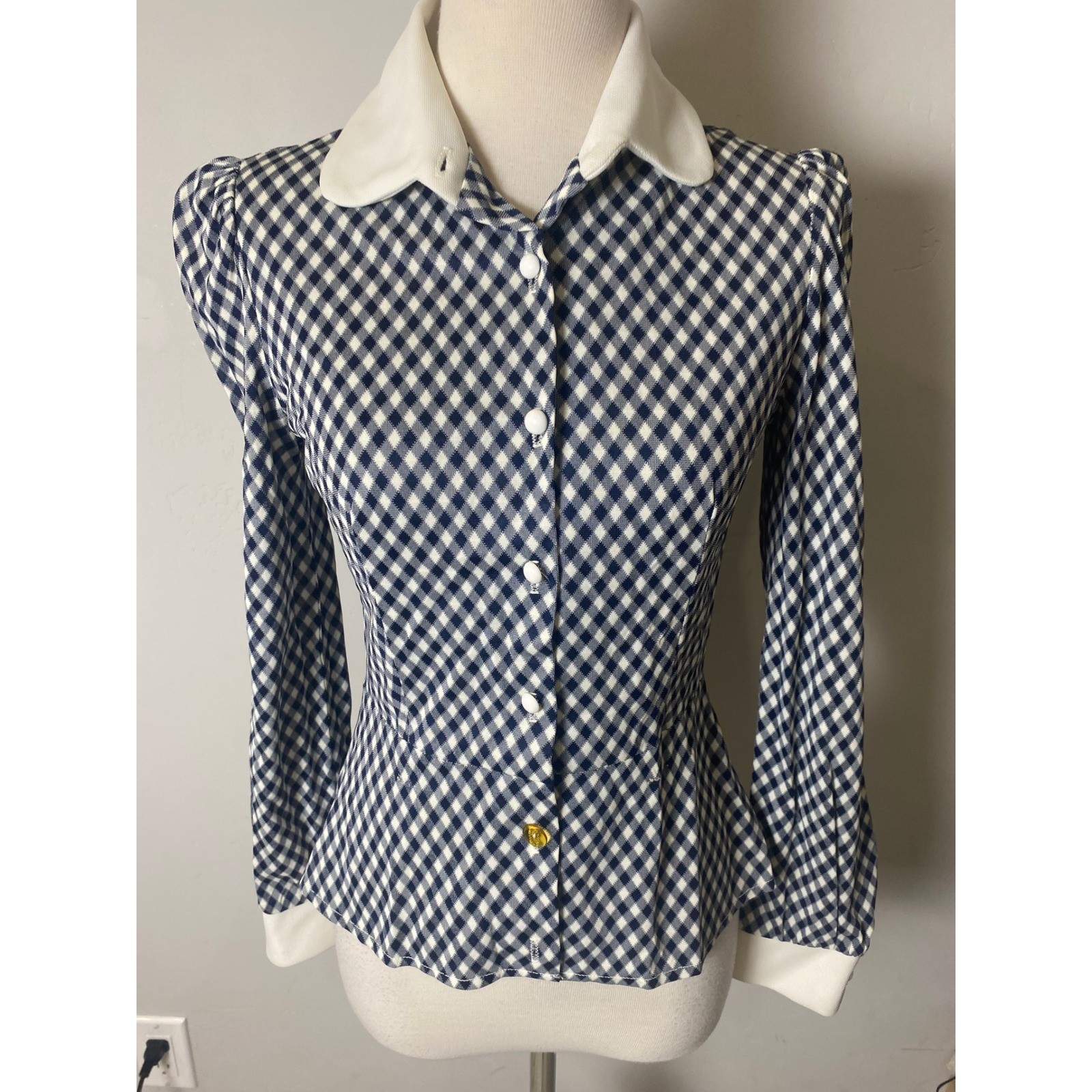 Vintage 40’s/50’s Navy White Gingham Plaid Collar Peplum Top long sleeve