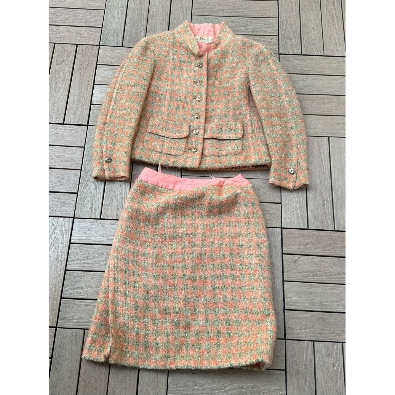 B. Altman & Co Salmon & Green Tweed Suit, blazer skirt ca. 1966