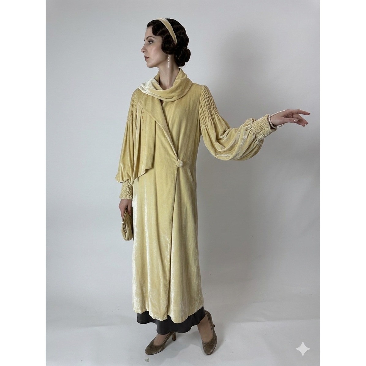 Vintage 1920s 30s Liquid Silk Velvet Opera Coat Ruched Balloon Sleeve Yellow