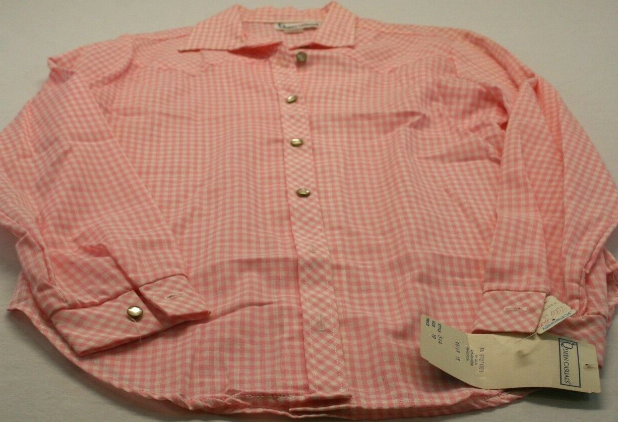 Vintage Queen Casuals 1970’s Womens Pearl Button Pink Plaid Shirt Size 10 NWT