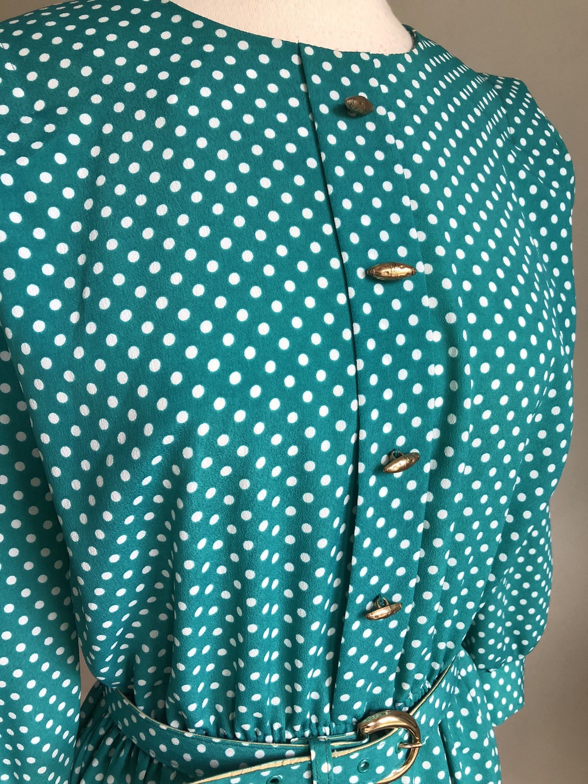 GORGEOUS VTG LADY CAROL Petites Teal Blue White Polka Dots Silky Belted Dress 8